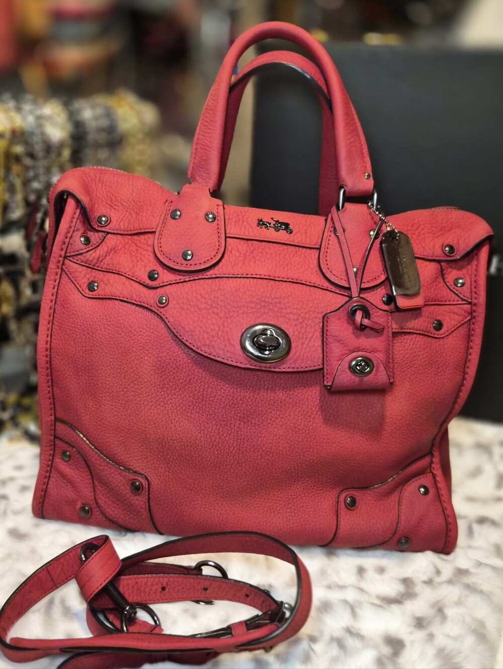 The Coach Elevated Rhyder 33 Satchel Tote in Rare Red Pebble Suede